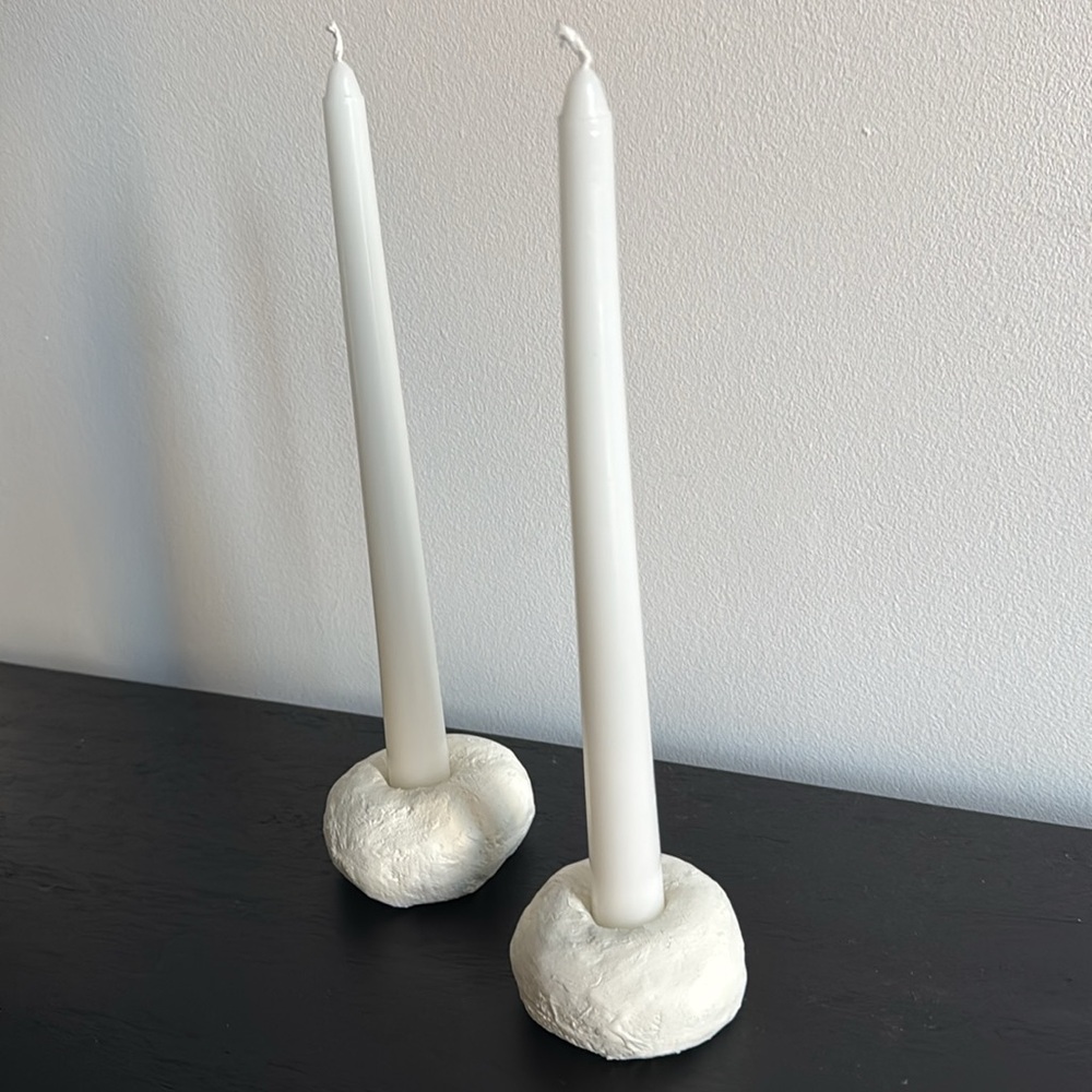 Handmade Clay Minimalist Wabu Sabi White Candle Holders with Candle Sticks